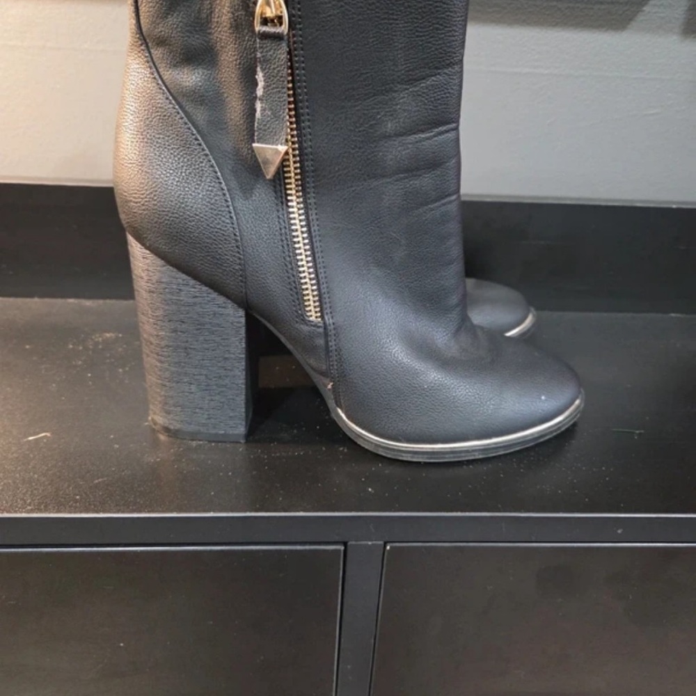 Guess Black Leather Block Heel Zip Boots with Gold Hardware